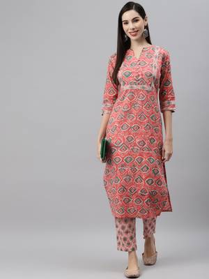 Peach printed cotton ethnic-kurtis 5