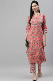 Peach printed cotton ethnic-kurtis