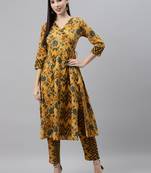 Mustard printed cotton ethnic-kurtis