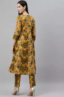 Mustard printed cotton ethnic-kurtis