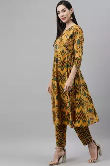 Mustard printed cotton ethnic-kurtis