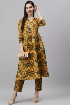 Mustard printed cotton ethnic-kurtis