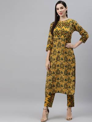Mustard printed cotton ethnic-kurtis 1