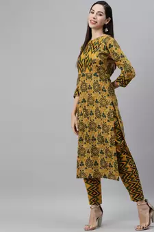 Mustard printed cotton ethnic-kurtis