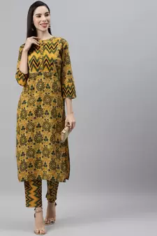 Mustard printed cotton ethnic-kurtis