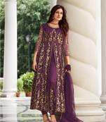 WINE PURPLE DESIGNER LONG PARTY WEAR SALWAR SUIT IN NET FABRIC SEMI STITCHED