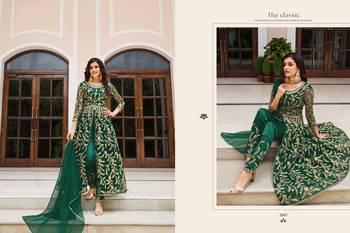 GREEN DESIGNER LONG PARTY WEAR SALWAR SUIT IN NET FABRIC SEMI STITCHED 3