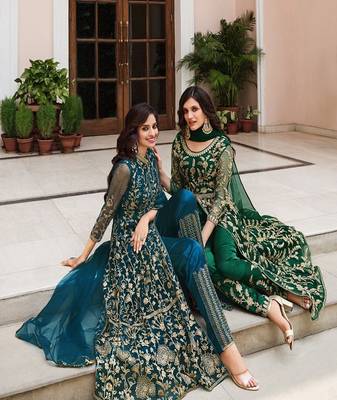GREEN DESIGNER LONG PARTY WEAR SALWAR SUIT IN NET FABRIC SEMI STITCHED 4
