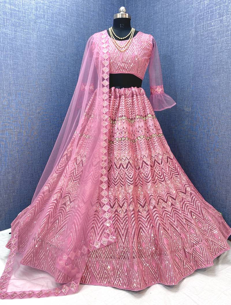 Pink embroidered net semi stitched lehenga