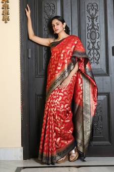 Red woven silk blend saree with blouse