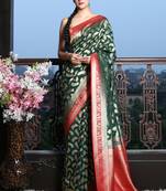 Dark green woven silk blend saree with blouse