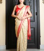 White woven silk blend saree with blouse