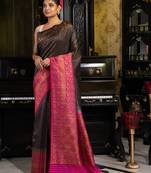Dark navy blue woven silk blend saree with blouse