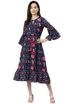 Navy-blue printed cotton short-dresses