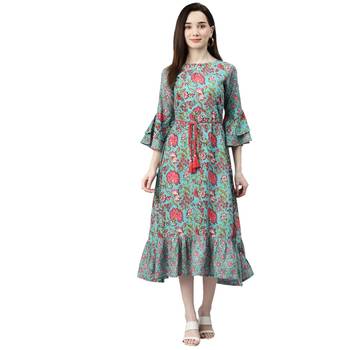 Turquoise printed cotton short-dresses 1