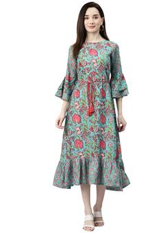 Turquoise printed cotton short-dresses