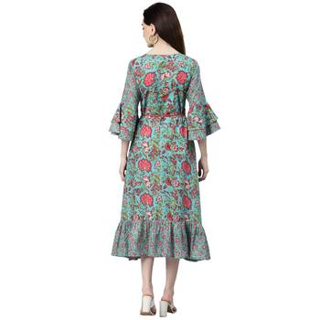 Turquoise printed cotton short-dresses 3