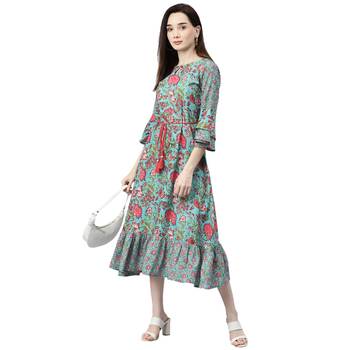 Turquoise printed cotton short-dresses 4