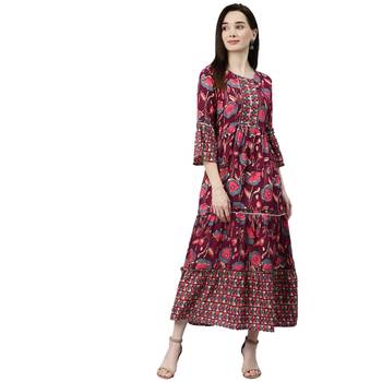 Wine printed viscose rayon maxi-dresses 1