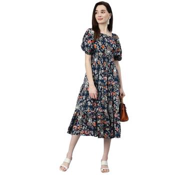 Blue printed viscose rayon short-dresses 4