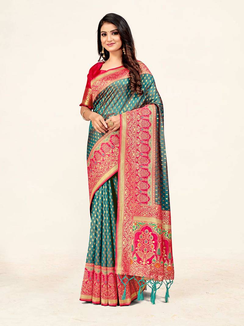 Sweet smile stylish saree with blouse set-TURQUOISE