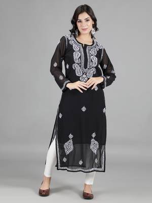 HAND EMBROIDERED LUCKNOWI CHIKANKARI BLUE GEORGETTE KURTA WITH SLIP 1