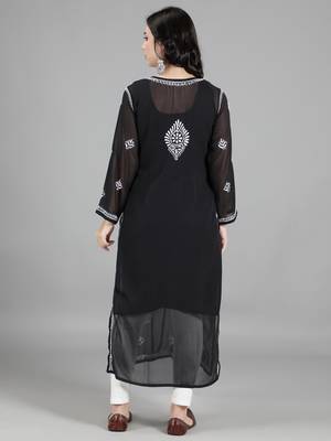 HAND EMBROIDERED LUCKNOWI CHIKANKARI BLUE GEORGETTE KURTA WITH SLIP 2