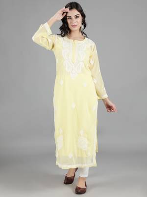 HAND EMBROIDERED LUCKNOWI CHIKANKARI LEMON GEORGETTE KURTA WITH SLIP 1