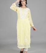 HAND EMBROIDERED LUCKNOWI CHIKANKARI LEMON GEORGETTE KURTA WITH SLIP
