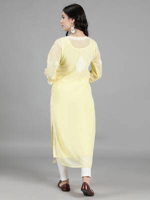 HAND EMBROIDERED LUCKNOWI CHIKANKARI LEMON GEORGETTE KURTA WITH SLIP 2