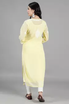 HAND EMBROIDERED LUCKNOWI CHIKANKARI LEMON GEORGETTE KURTA WITH SLIP