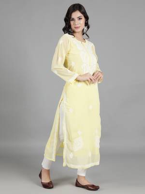 HAND EMBROIDERED LUCKNOWI CHIKANKARI LEMON GEORGETTE KURTA WITH SLIP 3