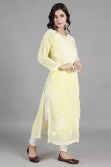 HAND EMBROIDERED LUCKNOWI CHIKANKARI LEMON GEORGETTE KURTA WITH SLIP