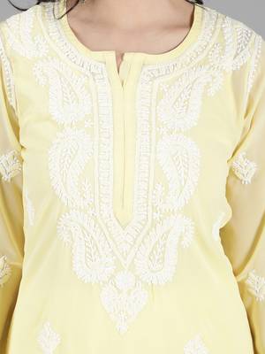HAND EMBROIDERED LUCKNOWI CHIKANKARI LEMON GEORGETTE KURTA WITH SLIP 4