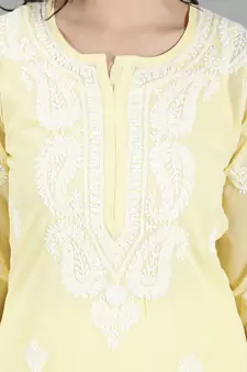 HAND EMBROIDERED LUCKNOWI CHIKANKARI LEMON GEORGETTE KURTA WITH SLIP