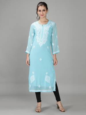 HAND EMBROIDERED LUCKNOWI CHIKANKARI BLUE GEORGETTE KURTA WITH SLIP 1
