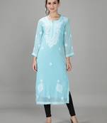 HAND EMBROIDERED LUCKNOWI CHIKANKARI BLUE GEORGETTE KURTA WITH SLIP