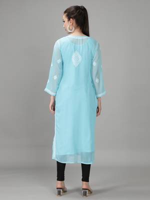 HAND EMBROIDERED LUCKNOWI CHIKANKARI BLUE GEORGETTE KURTA WITH SLIP 2