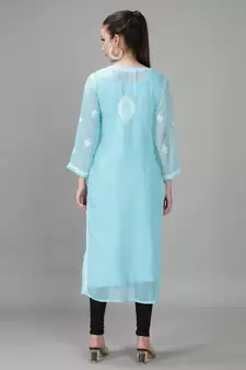 HAND EMBROIDERED LUCKNOWI CHIKANKARI BLUE GEORGETTE KURTA WITH SLIP
