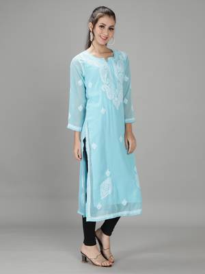HAND EMBROIDERED LUCKNOWI CHIKANKARI BLUE GEORGETTE KURTA WITH SLIP 3