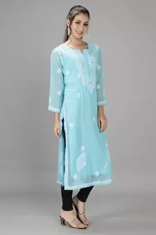 HAND EMBROIDERED LUCKNOWI CHIKANKARI BLUE GEORGETTE KURTA WITH SLIP