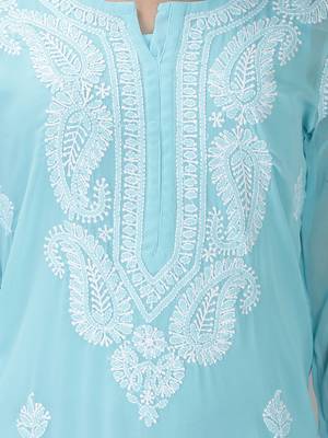 HAND EMBROIDERED LUCKNOWI CHIKANKARI BLUE GEORGETTE KURTA WITH SLIP 4
