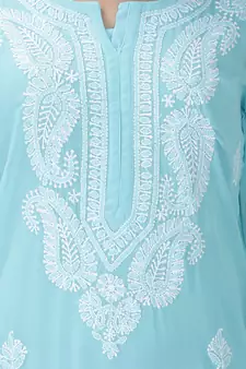 HAND EMBROIDERED LUCKNOWI CHIKANKARI BLUE GEORGETTE KURTA WITH SLIP