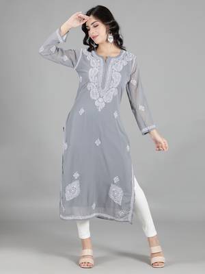 HAND EMBROIDERED LUCKNOWI CHIKANKARI GREY GEORGETTE KURTA WITH SLIP 1
