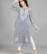 HAND EMBROIDERED LUCKNOWI CHIKANKARI GREY GEORGETTE KURTA WITH SLIP