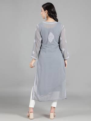 HAND EMBROIDERED LUCKNOWI CHIKANKARI GREY GEORGETTE KURTA WITH SLIP 2
