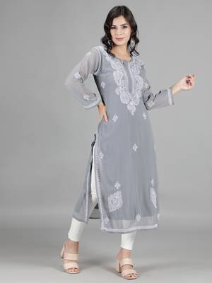 HAND EMBROIDERED LUCKNOWI CHIKANKARI GREY GEORGETTE KURTA WITH SLIP 3