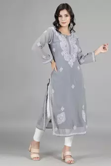 HAND EMBROIDERED LUCKNOWI CHIKANKARI GREY GEORGETTE KURTA WITH SLIP