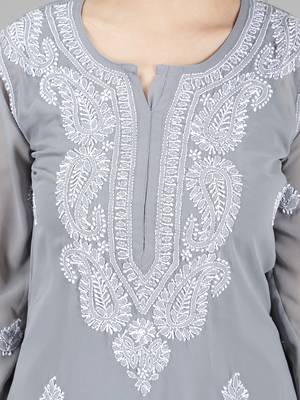 HAND EMBROIDERED LUCKNOWI CHIKANKARI GREY GEORGETTE KURTA WITH SLIP 4