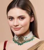 Green kundan, pearls, natural stones, faux emerald necklaces